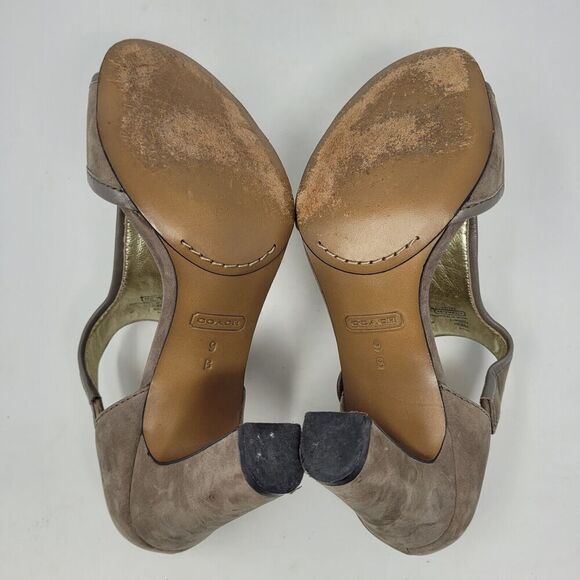 Coach Shoes Womens 9 Taupe Gray Suede Tristen Heels Tassel Sandals Turnlock - Picture 8 of 10